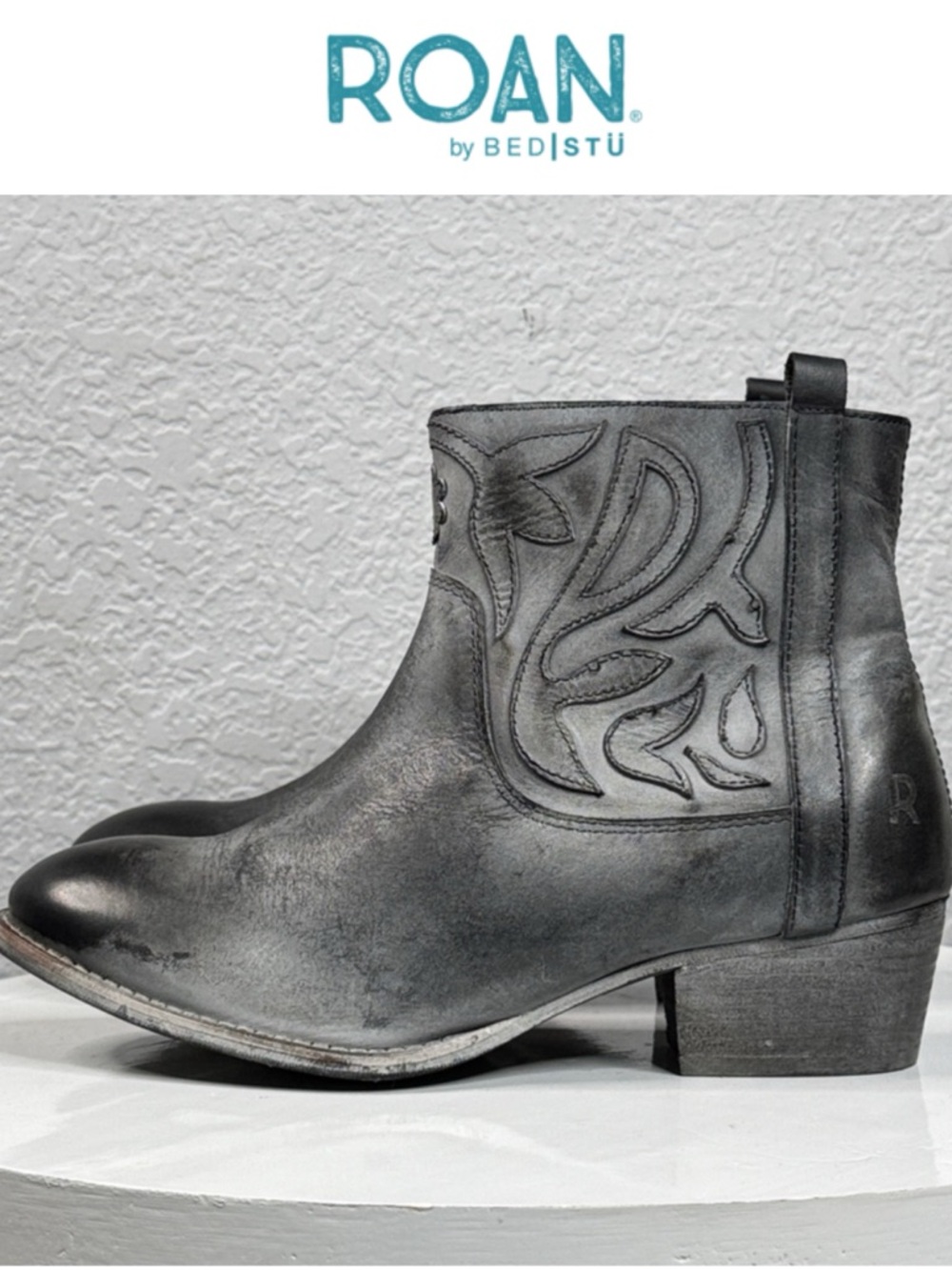 ROAN BY BEDSTU ELSIA DISTRESSED GRAY LEATHER WESTERN BOHO ANKLE BOOTS SIZE: 7.5